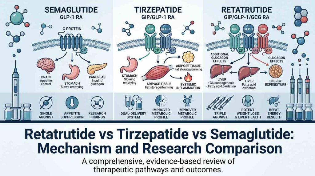 Glp3-Rt vs Tirzepatide vs Semaglutide: Mechanism and Research Comparison